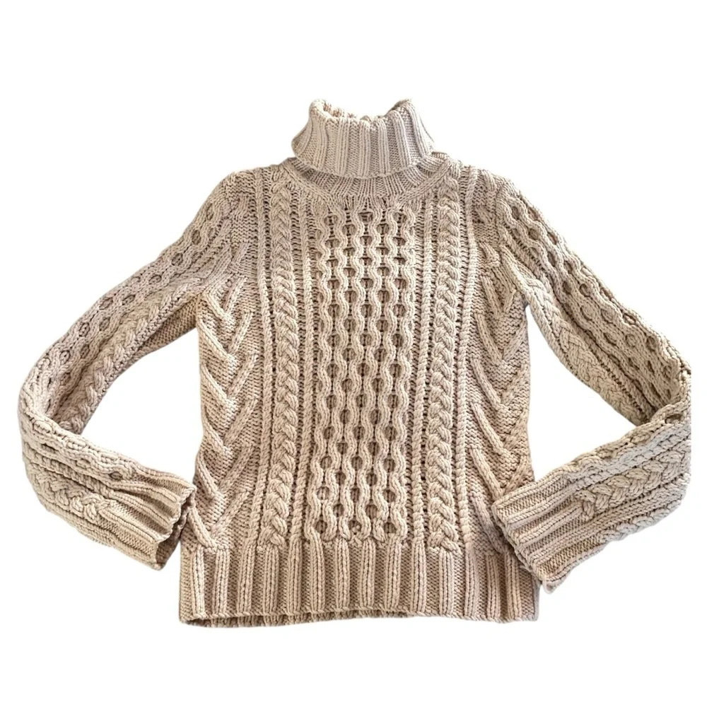 J. Crew Hand Knit Cream Cable Knit Wool Turtleneck Sweater Size S Fisherman